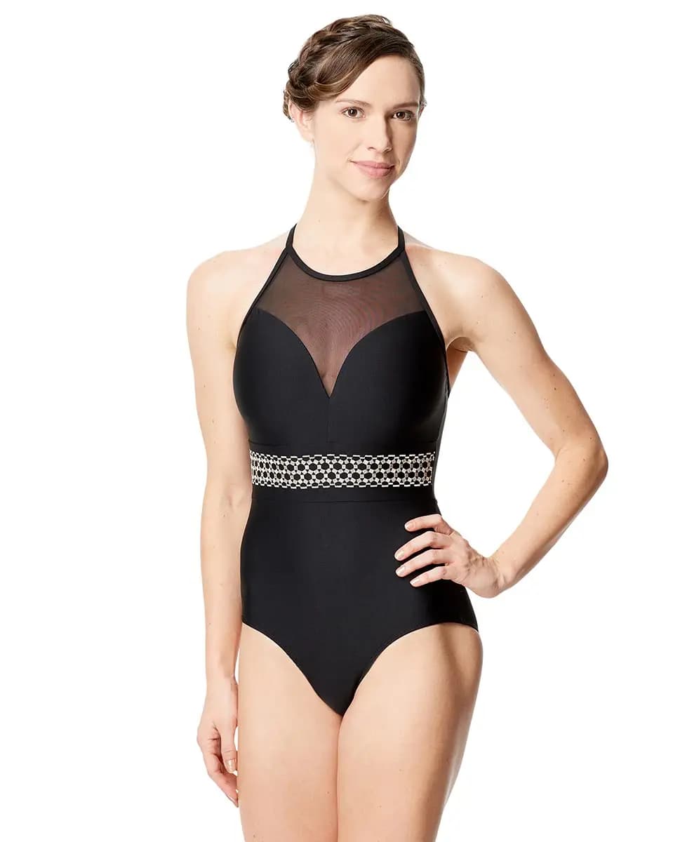 Women Embroidered Mesh Halter Neck Leotard Nana