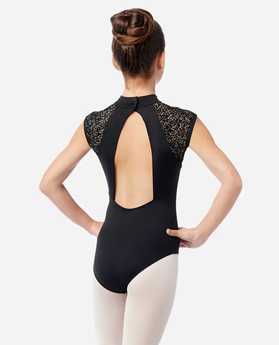 Girls Mock Neck Flocked Mesh Leotard Leona