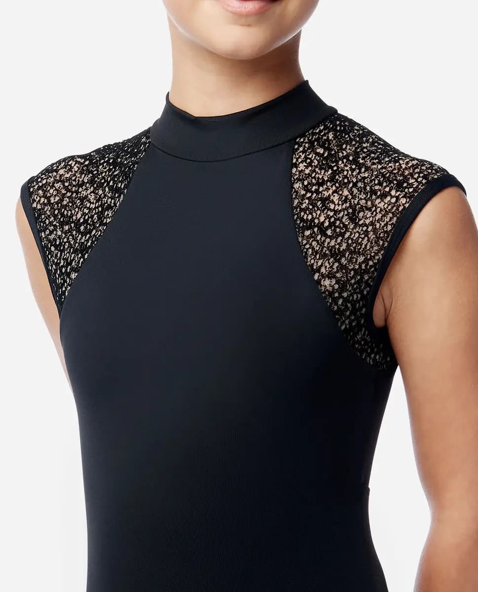 Girls Mock Neck Flocked Mesh Leotard Leona