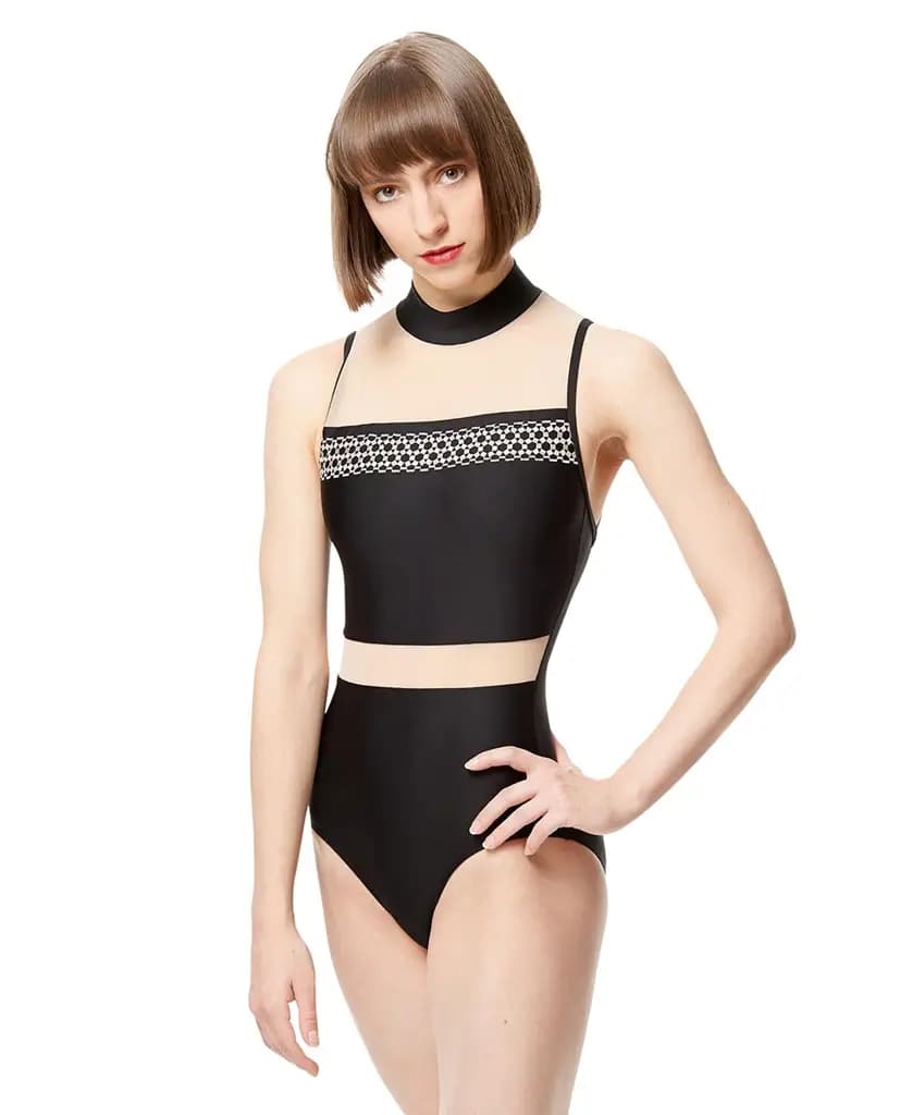 Women Embroidered Mesh Mock Neck Leotard Lia