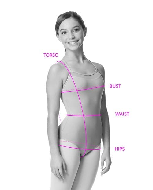 Girl showing where to measure the chest, waist, hips, and torso