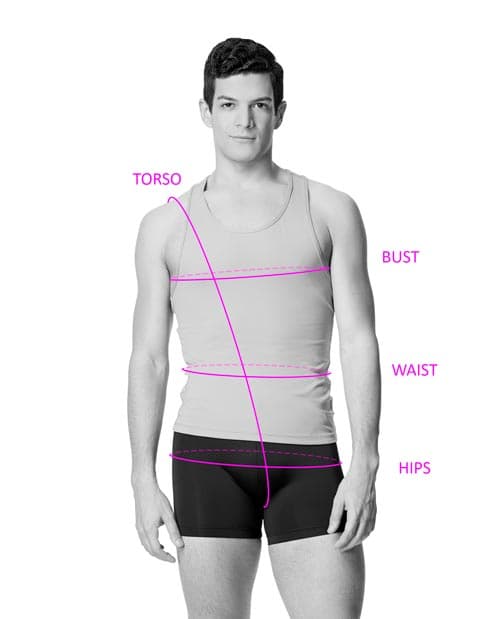 Man showing where to measure the chest, waist, and inside leg